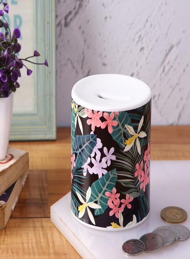 PentaDeco Black Floral Ceramic Money Box | 4-Inch Modern Piggy Bank | Stylish Ceramic Coin Saver & Room Decor Accent - Image 4
